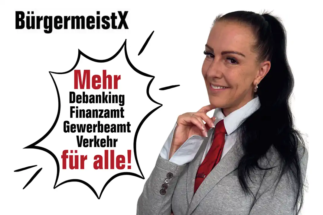 Bürgermeister Kandidatin Bettina Habig (Texas Patti) im grauen Anzug mit roter Krawatte neben Sprechblase: ‚Mehr Debanking, Finanzamt, Gewerbeamt, Verkehr – für alle!