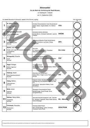 Muster-Stimmzettel für die Wahl des Rates der Stadt Münster, Wahlbezirk 1 Altstadt, Kommunalwahl am 14. September 2025