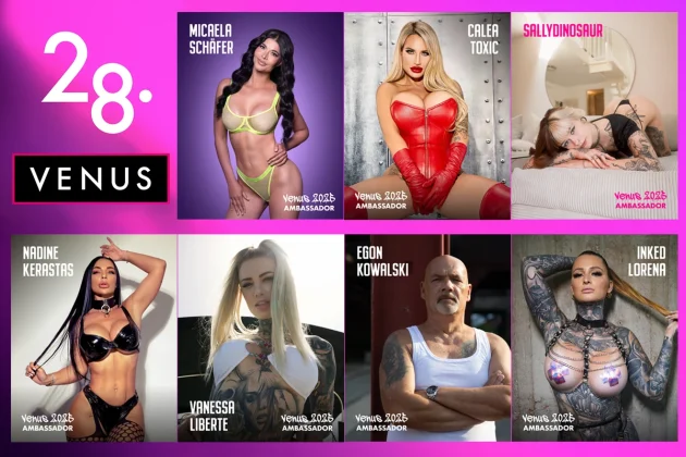 Alt-Text: VENUS Berlin 2025 Markenbotschafter:innen – Micaela Schäfer, Calea Toxic, Nadine Kerastas, Sallydinosaur, Inked Lorena, Vanessa Liberté, Egon Kowalski