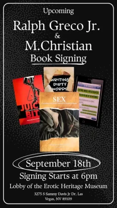 Flyer zum Book-Signing mit Ralph Greco Jr. & M. Christian am 18. September 2025 im Erotic Heritage Museum, Las Vegas