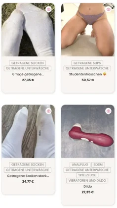 Produktübersicht auf JustOne-online.com mit getragenen Slips, Socken und Toys – 2025