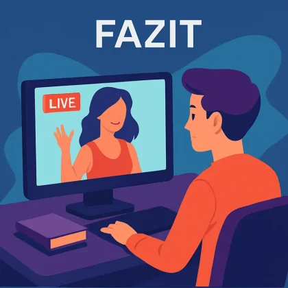 Symbolisches Livecam-Motiv: Mann sitzt vor Computer, spricht mit Model im Livestream – digitales Fazit der modernen Cam-Welt