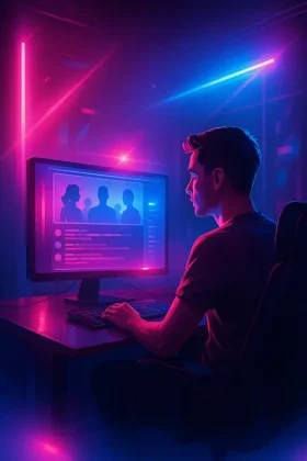 Mann am Computer im Neonlicht – Symbolbild für interaktive Gruppenchats und Livecam-Shows im digitalen Raum
