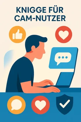 Person am Laptop mit Icons für Herz, Like und Datenschutz – Symbol für respektvollen Umgang bei Livecam-Plattformen