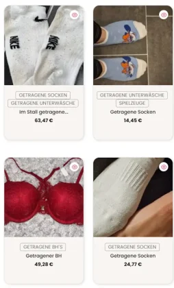 Produktübersicht auf JustOne-online.com mit getragener Unterwäsche, Socken und BHs – 2025