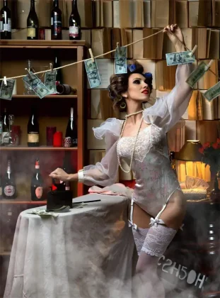 JustOne-Verkäuferin im Retro-Style mit Geldscheinen – Erotik-Marktplatz Shooting 2025