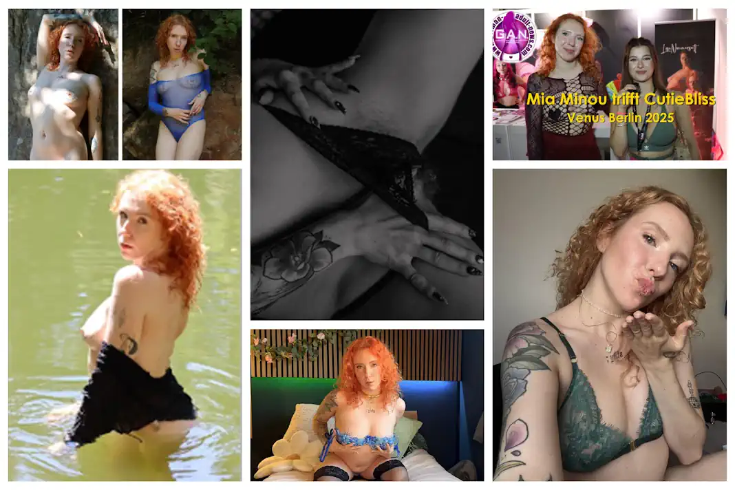 Collage mit Cutie Bliss 2025: Portraits, Outdoor-Aufnahmen, Studio-Szenen und Venus-Berlin-Interview mit Mia Minou.