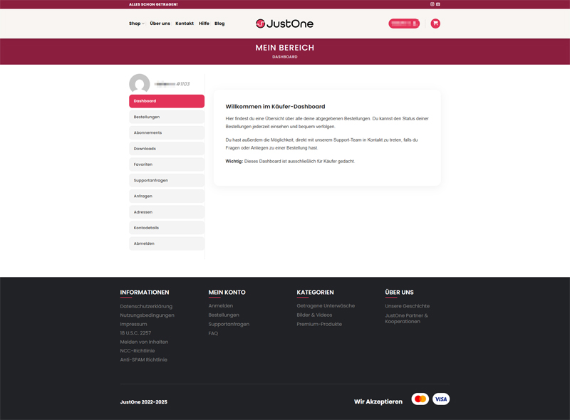 JustOne Käufer-Dashboard – Übersicht im Test Screenshot des JustOne Käufer-Dashboards mit Navigation und Willkommensbereich.
