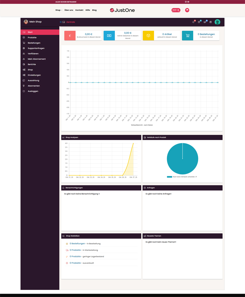 JustOne Verkäufer-Dashboard – Zahlen & Shopübersicht Dashboard für Verkäuferinnen auf JustOne mit Statistiken, Charts und Shopdaten.