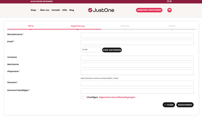 JustOne Verkäufer-Registrierung – erster Schritt zum Shop Registrierungsformular für Verkäuferinnen auf JustOne mit Feldern für Shopname und persönliche Daten.