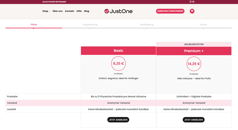 JustOne Checkout – Verkäufer-Abo abschließen Checkout-Seite für das JustOne Verkäufer-Abo inklusive Zahlungsoptionen und Adressformular.