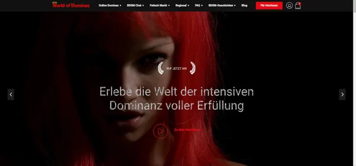 WorldOfDominas.com im Test: Wie modern ist die neue Domina-Hotline wirklich? Screenshot der Startseite von WorldOfDominas.com mit einer Domina im roten Licht und dem Claim über intensive Dominanz.