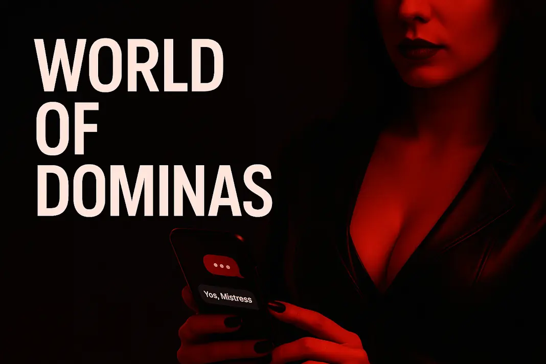 Symbolisches Domina-Hotline-Motiv mit einer Frau im roten Licht, die auf ihrem Smartphone eine Nachricht erhält – Beitragsbild zum WorldOfDominas Test 2025.