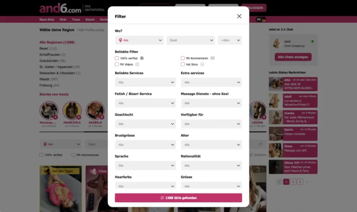 and6.com: Schweizer Plattform für Escort- und Erotikangebote im Test Filterfunktionen auf and6.com zur gezielten Suche nach Escort-Angeboten
