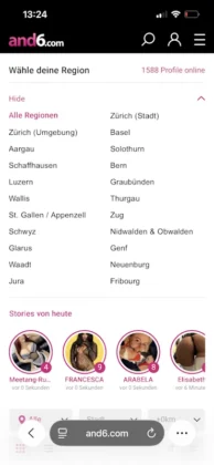and6.com: Schweizer Plattform für Escort- und Erotikangebote im Test Mobile Ansicht von and6.com mit regionaler Übersicht und aktuellen Profilen