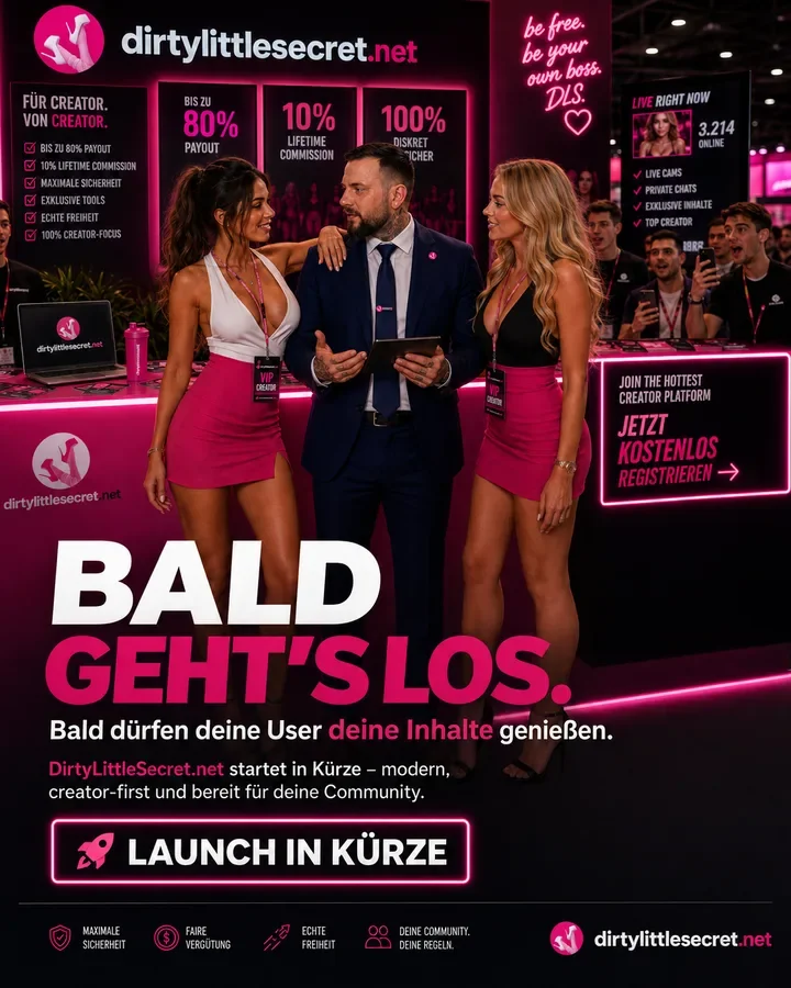 DirtyLittleSecret: Neue Creator-Plattform soll im August 2026 starten DirtyLittleSecret Kampagnenmotiv „Bald geht's los" zum bevorstehenden Plattform-Launch
