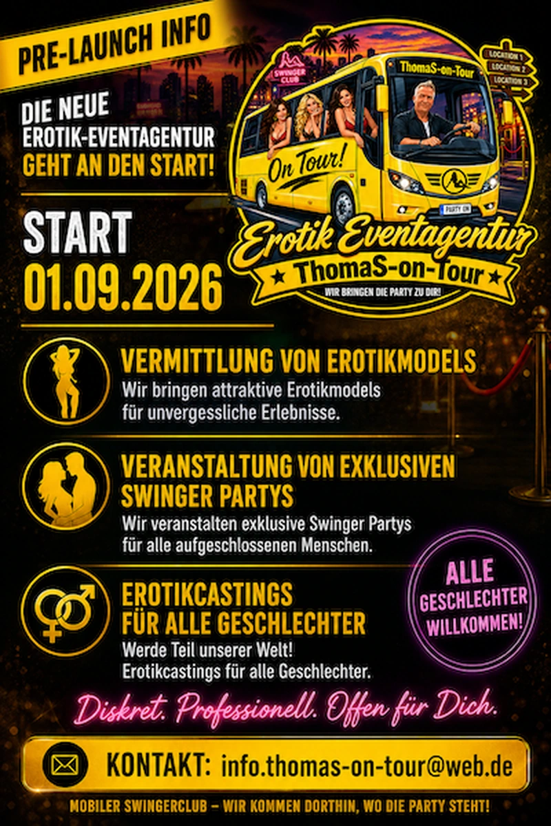 „Casting Daddy“ Thomas Mosmann startet mit ThomaS-on-Tour Pre-Launch-Flyer von ThomaS-on-Tour mit Informationen zu Partys, Erotikcastings und dem Start am 1. September 2026
