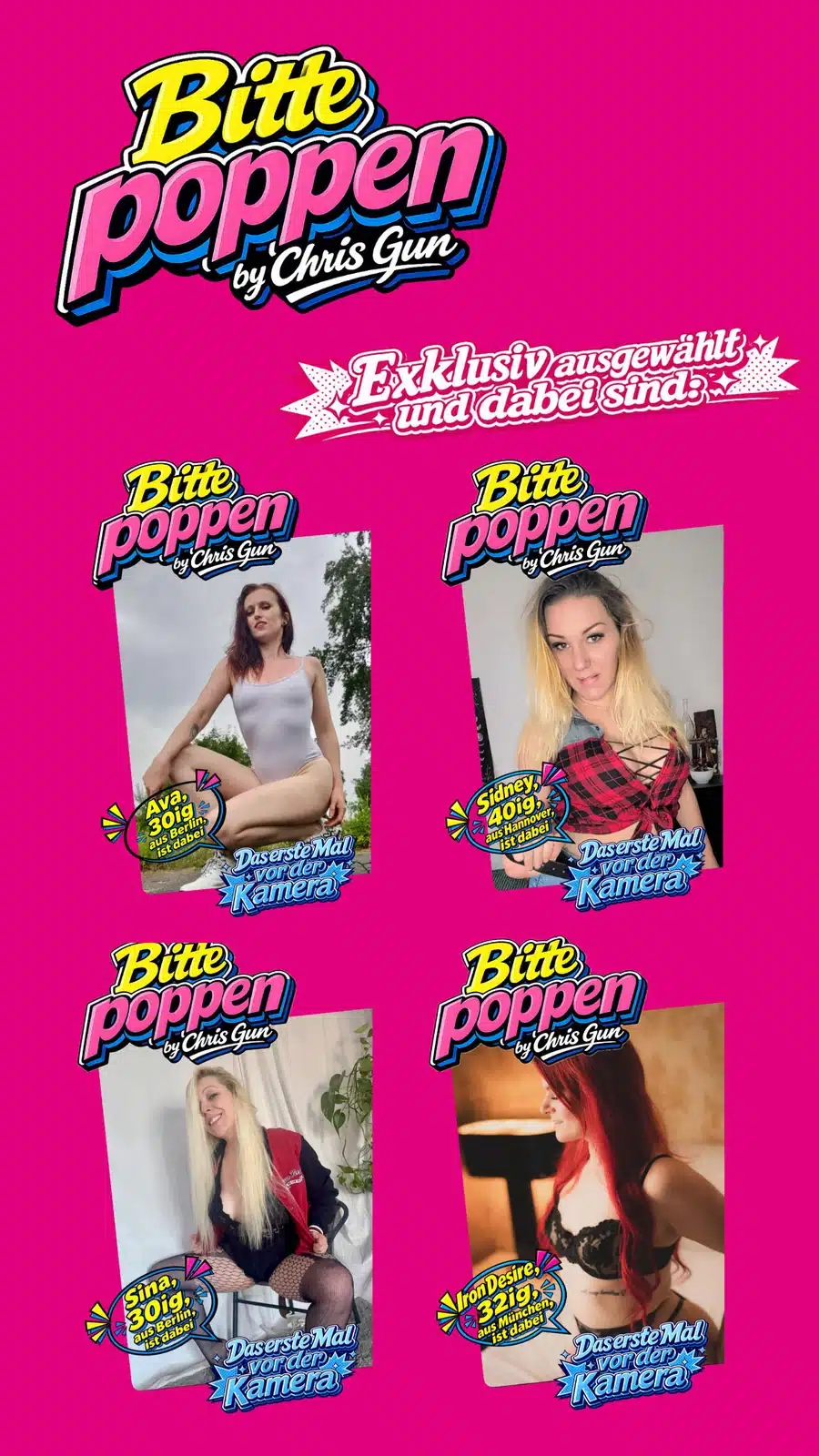 Promo-Grafik mit Ava und Sidney oben sowie Sina und Iron Desire unten auf pinkem Hintergrund.