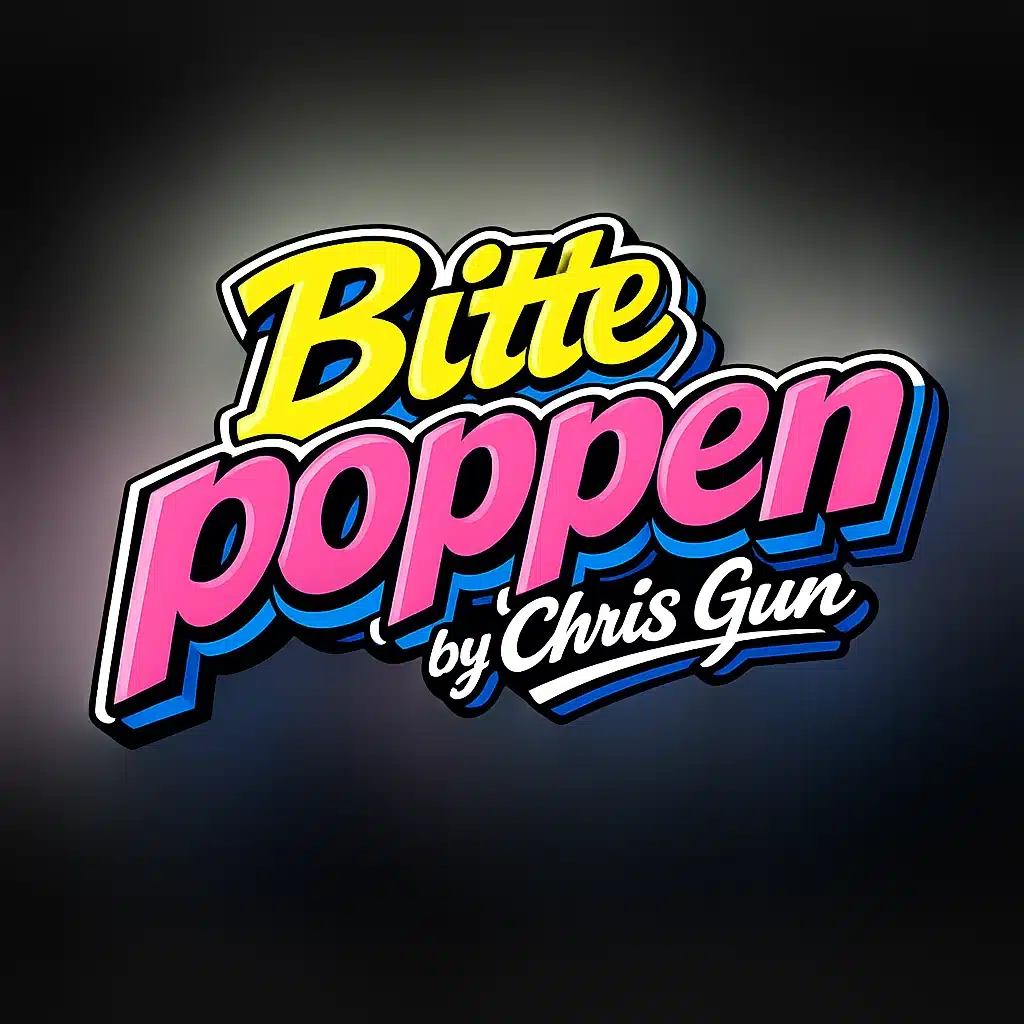 Logo der Serie „Bitte poppen“ by Chris Gun in Gelb, Pink und Blau.