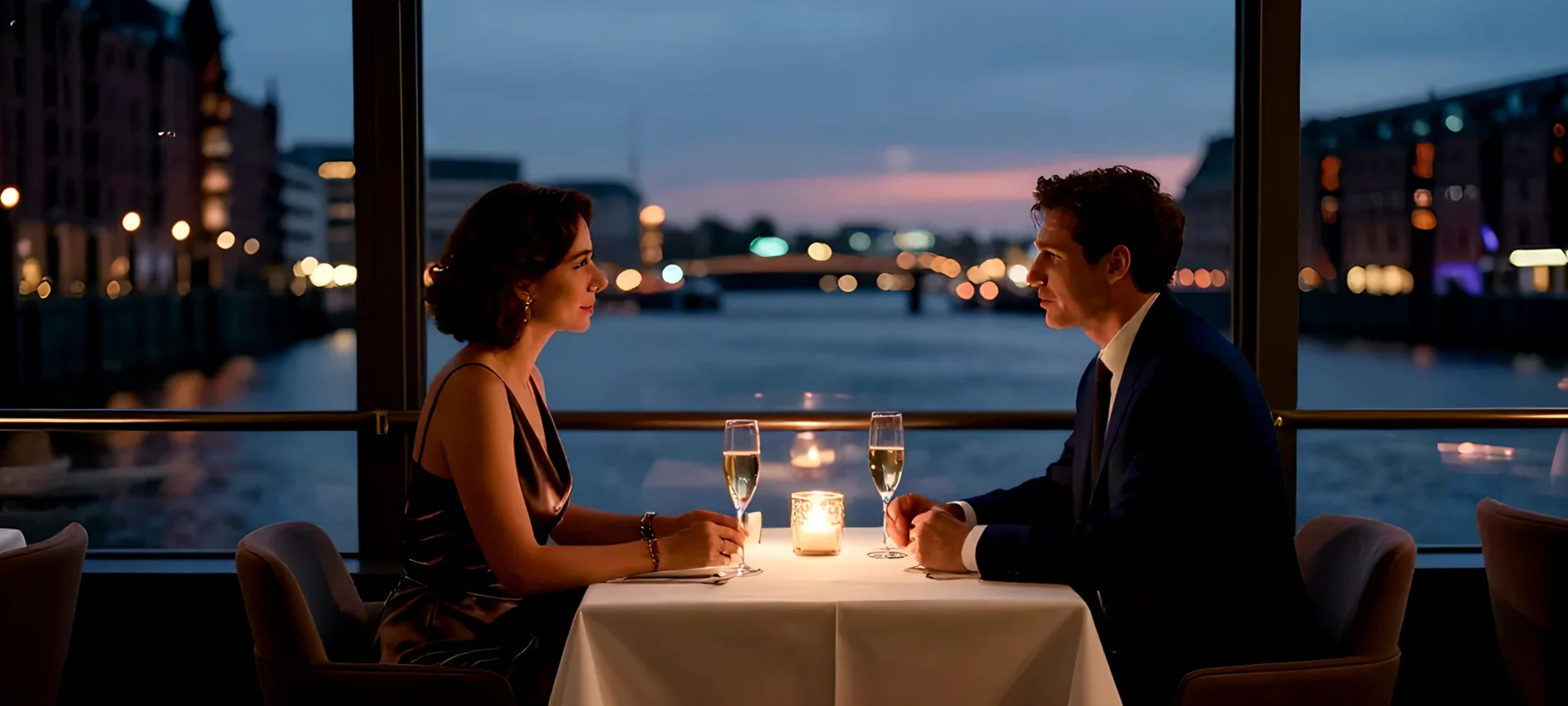 Elegant gekleidetes Paar beim Dinner bei Kerzenlicht an einem Fensterplatz mit Blick auf das abendliche Hamburger Hafenwasser