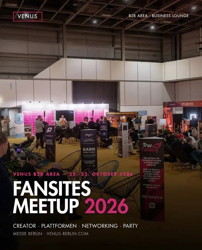 Keyvisual des VENUS Fansites Meetup 2026 mit Messehalle im Hintergrund