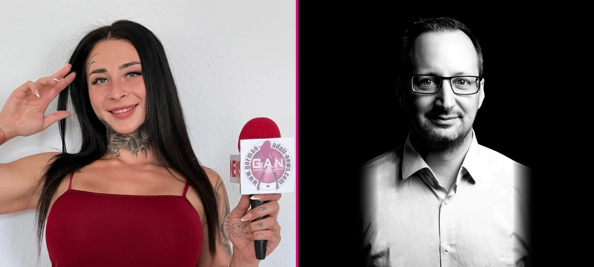 Lena Desire mit GAN-Mikrofon im roten Kleid und Walter Hasenclever im Schwarz-Weiß-Porträt, getrennt durch eine pinke Linie