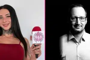 Lena Desire mit GAN-Mikrofon im roten Kleid und Walter Hasenclever im Schwarz-Weiß-Porträt, getrennt durch eine pinke Linie