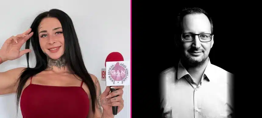 Lena Desire mit GAN-Mikrofon im roten Kleid und Walter Hasenclever im Schwarz-Weiß-Porträt, getrennt durch eine pinke Linie