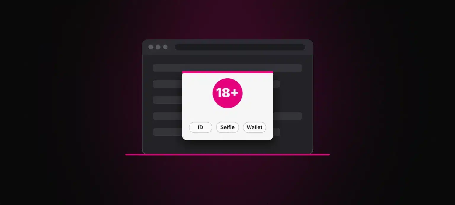 Altersverifikation im Browser: Inhalt hinter einer Altersabfrage mit 18+-Symbol und den Optionen Ausweis, Selfie und Wallet