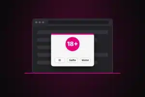 Altersverifikation im Browser: Inhalt hinter einer Altersabfrage mit 18+-Symbol und den Optionen Ausweis, Selfie und Wallet