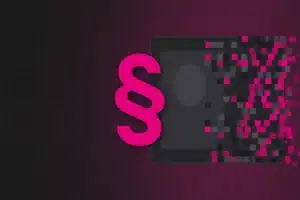 Pinkes Paragrafenzeichen vor einem Bildrahmen, dessen Inhalt in Pixel zerfällt