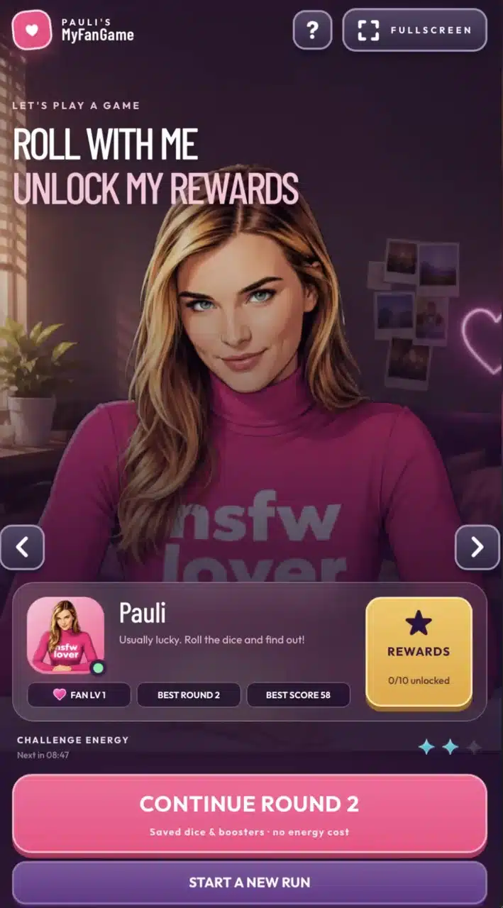 Startbildschirm von Pauli's MyFanGame mit gezeichneter Creator-Figur und Rewards-Feld