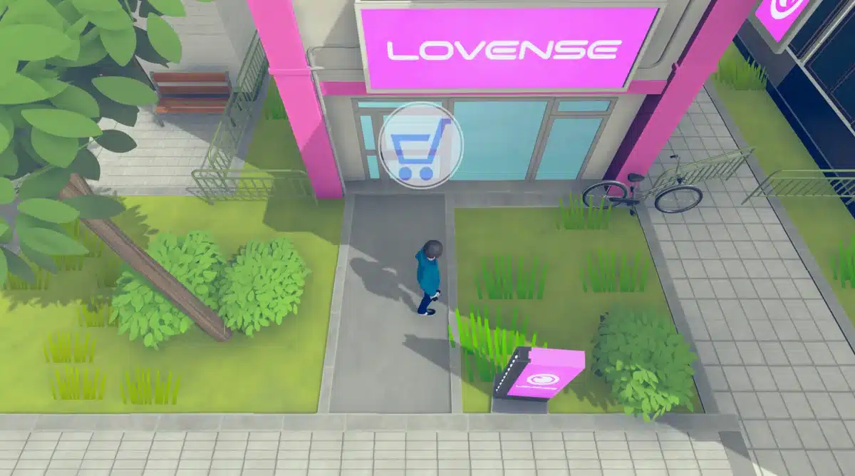 Lovense Store in der Open-World-Spielwelt von Snapshot mit Shop-Symbol am Eingang